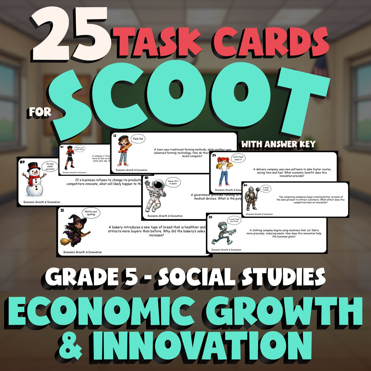 Economic Growth & Innovation SCOOT TASK CARDS Socials Game - No Prep Grade 5