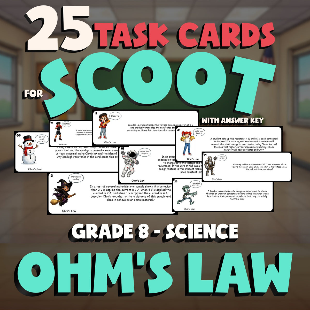 Ohm's Law SCOOT TASK CARDS Science Game - No Prep Grade 8 Review Activity