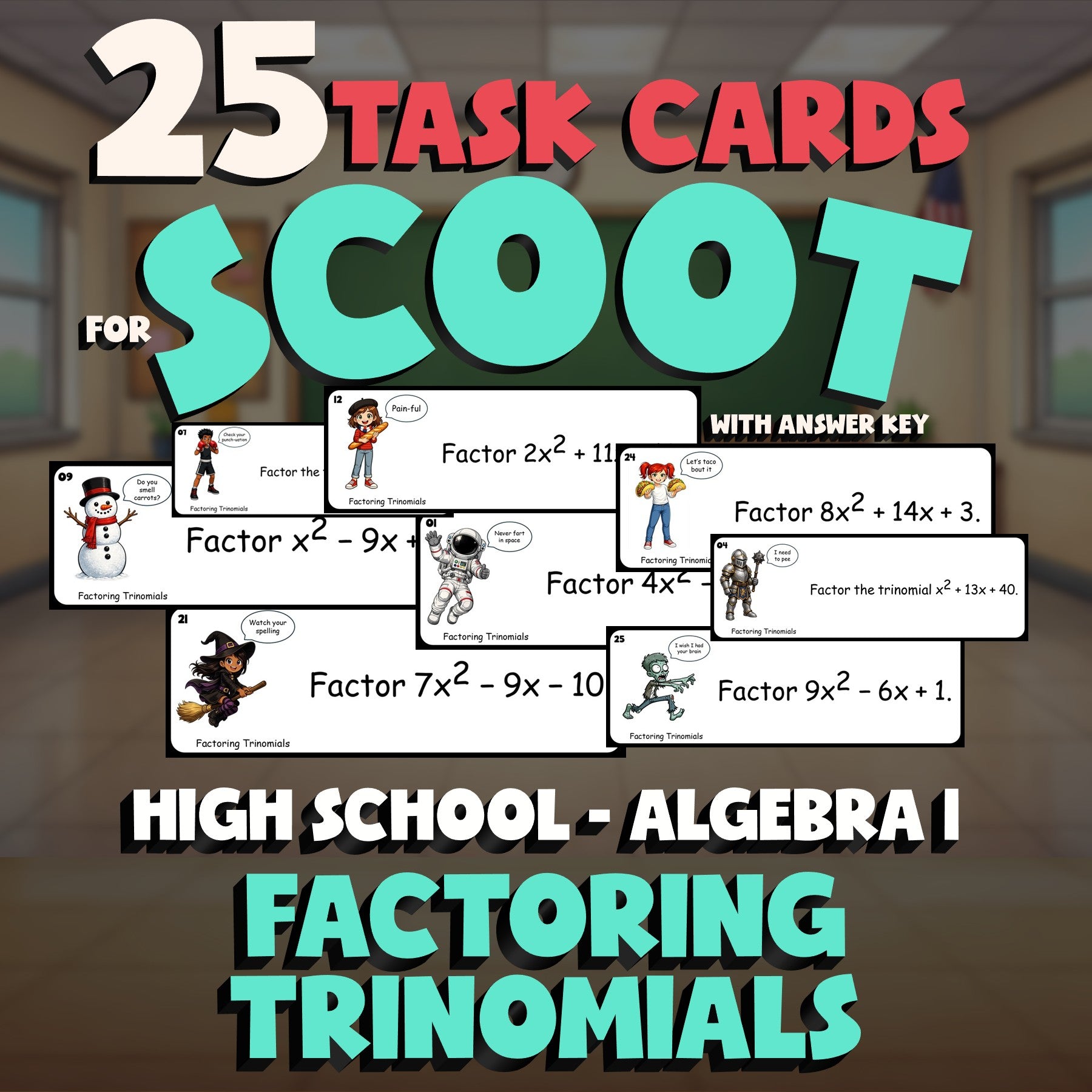 Factoring Trinomials SCOOT TASK CARDS Math Game - No Prep Algebra 1 Review