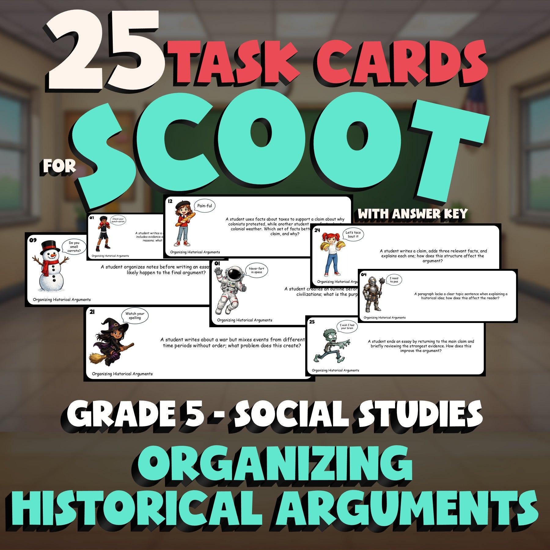 Organizing Historical Arguments SCOOT TASK CARDS Socials Game - No Prep Grade 5