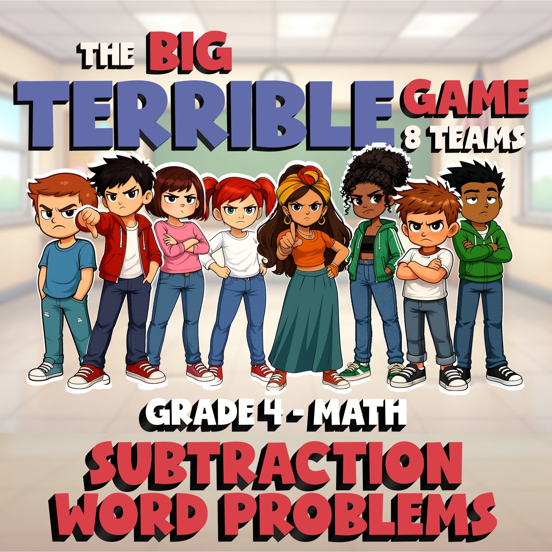 Subtraction Word Problems BIG TERRIBLE GAME - No Prep Grade 4 Math Review