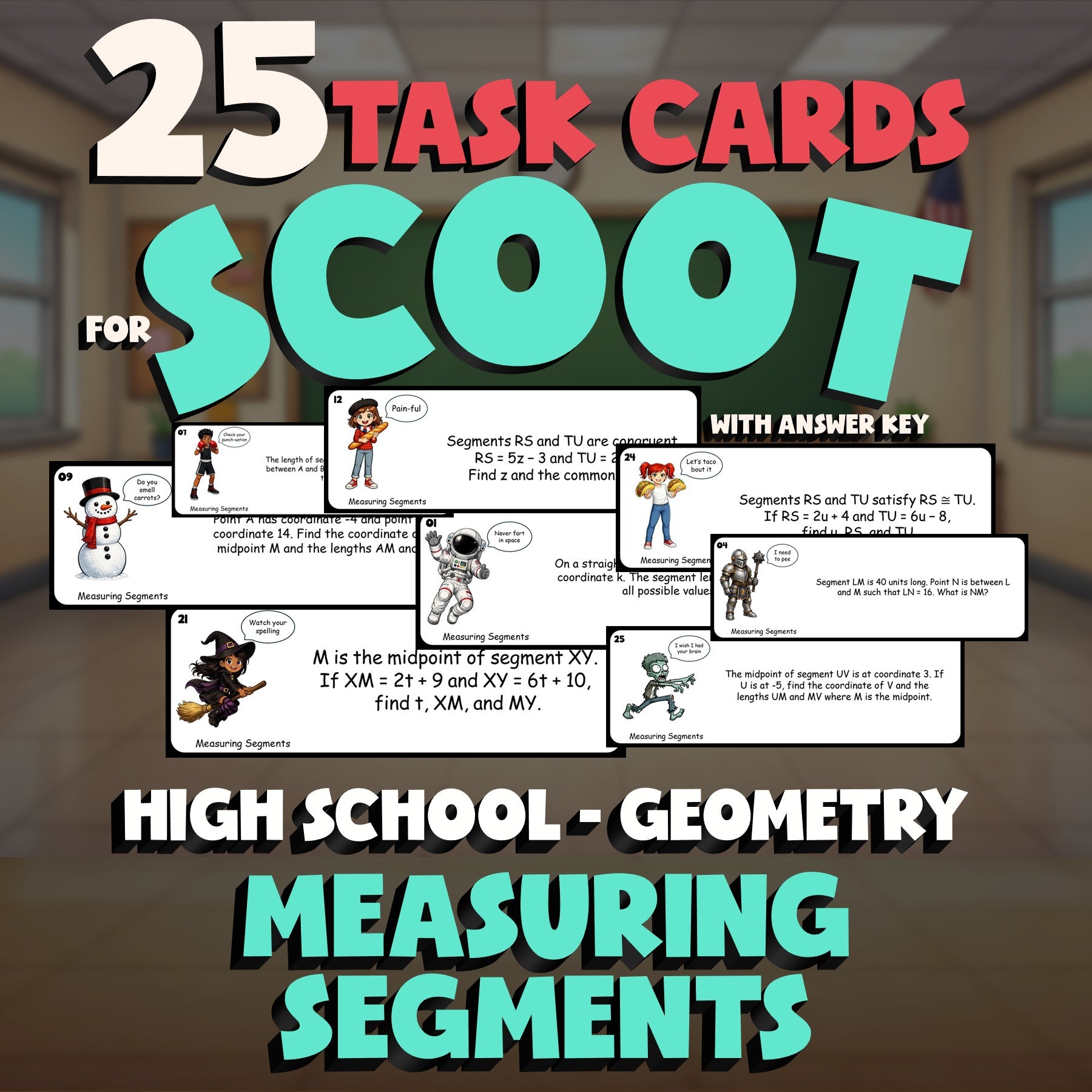 Measuring Segments SCOOT TASK CARDS Math Game - No Prep Geometry Review Activity