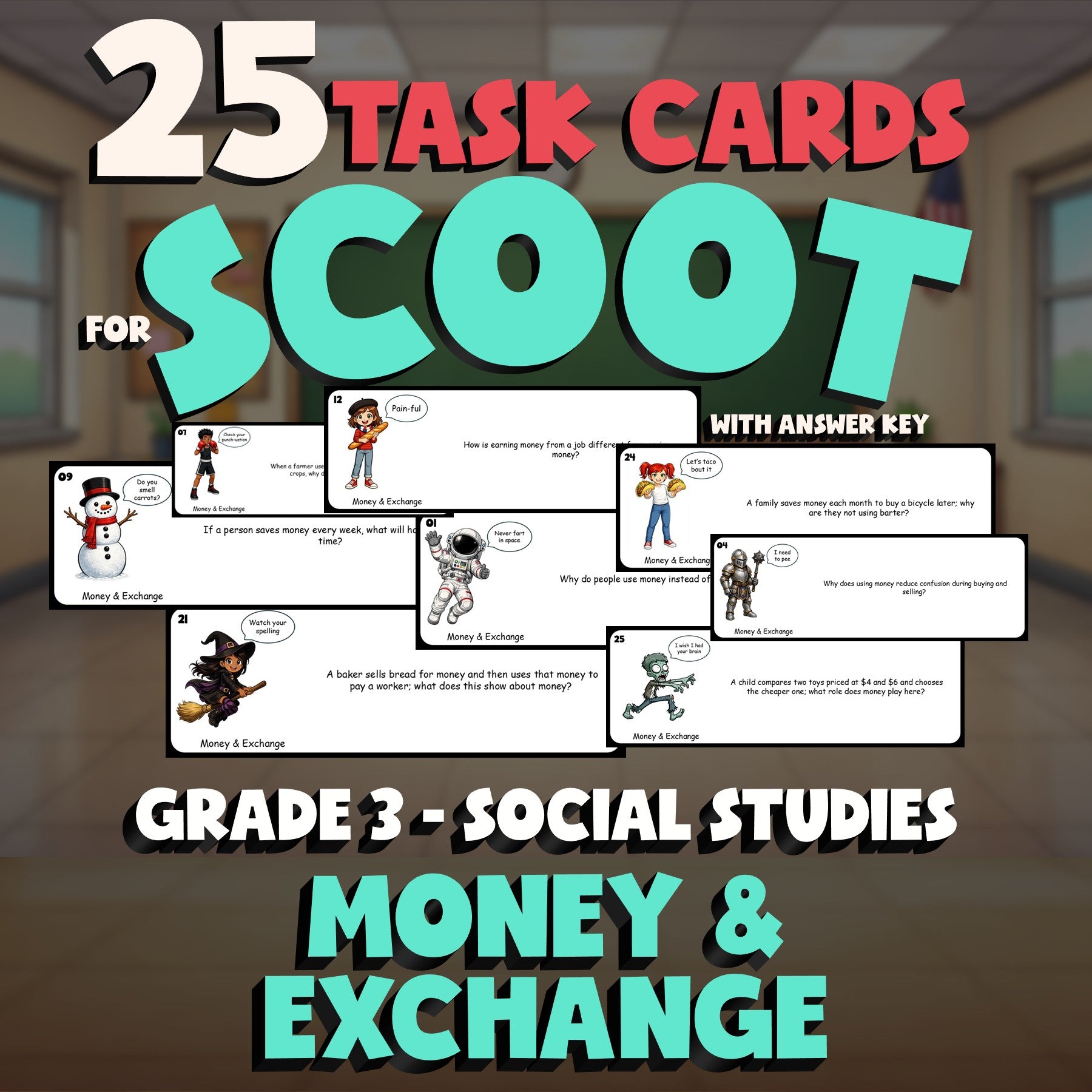 Money & Exchange SCOOT TASK CARDS Socials Game - No Prep Grade 3 Review Activity