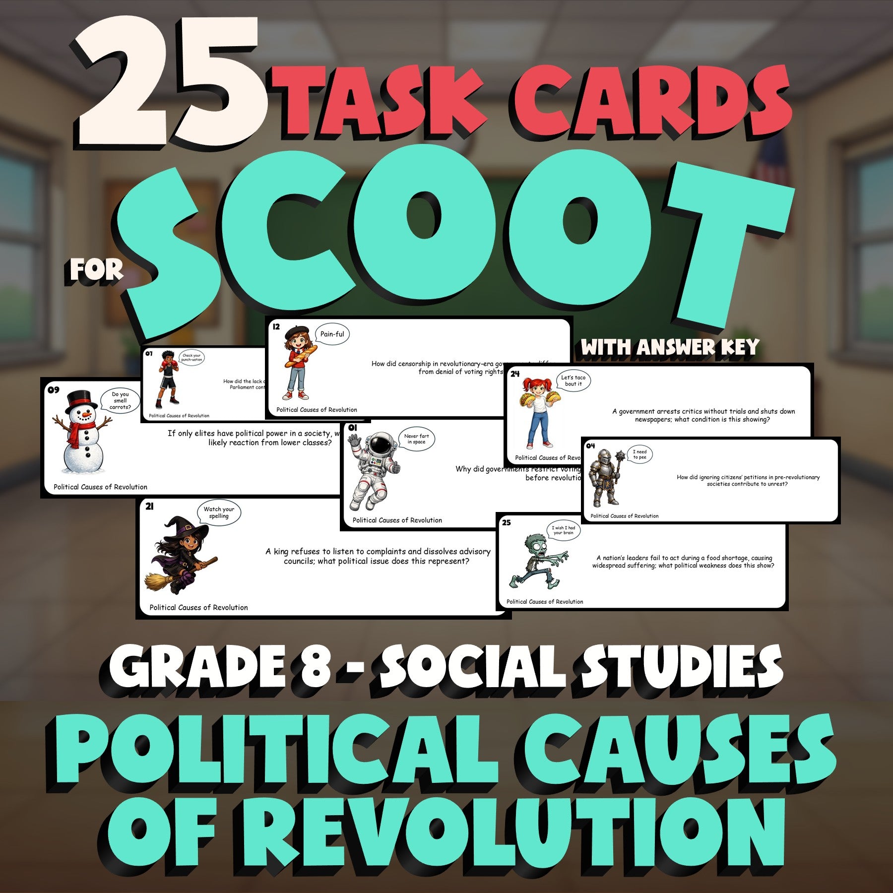 Political Causes of Revolution SCOOT TASK CARDS Socials Game - No Prep Grade 8