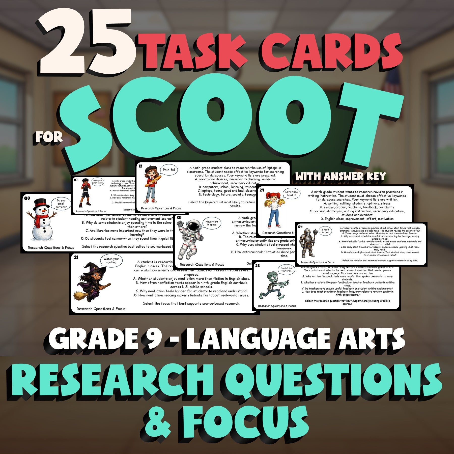 Research Questions & Focus SCOOT TASK CARDS ELA Game - No Prep Grade 9 Review