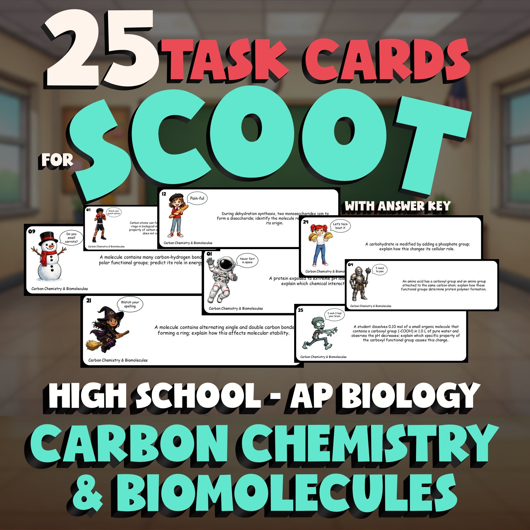 Carbon Chemistry & Biomolecules SCOOT TASK CARDS Science Game - AP Biology