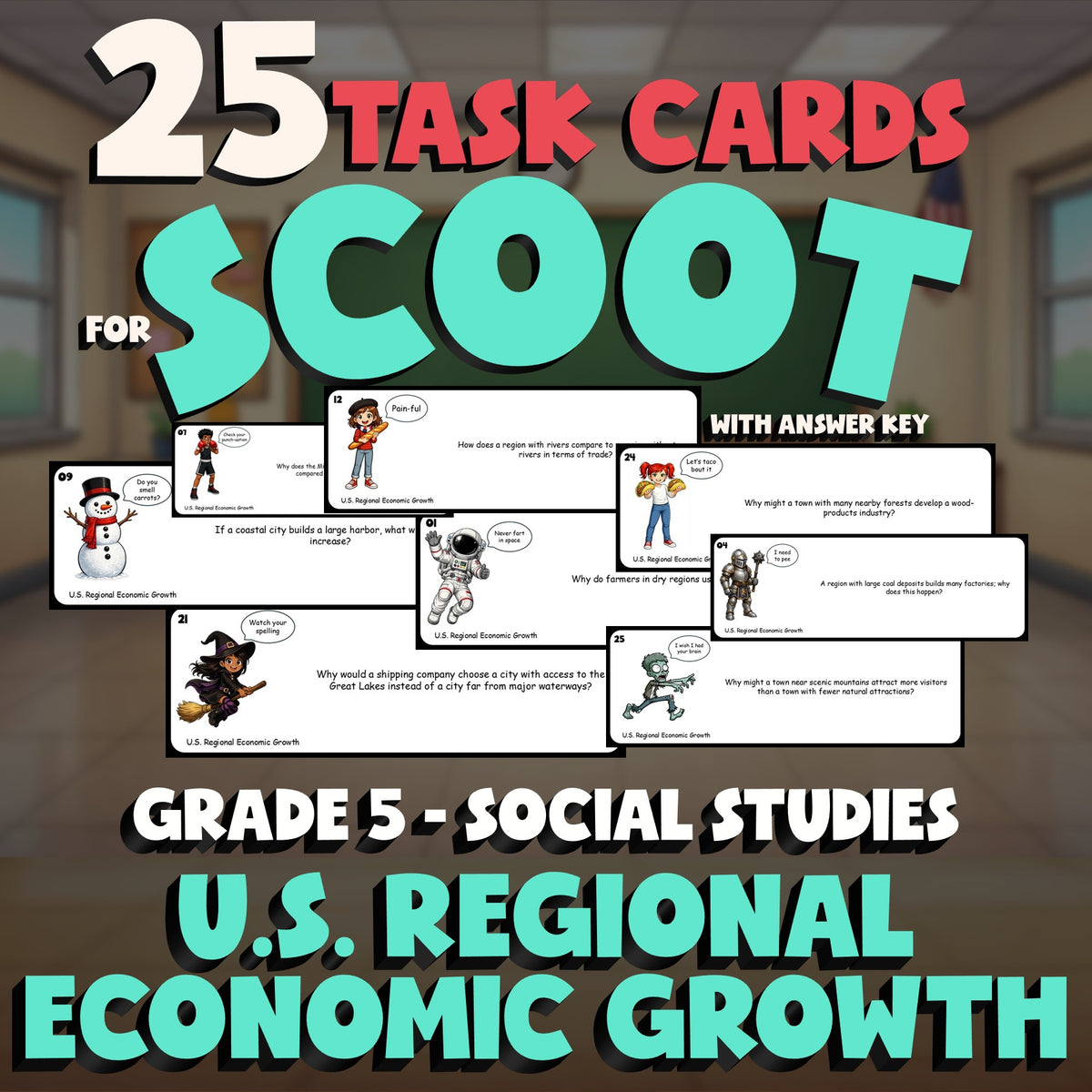 U.S. Regional Economic Growth SCOOT TASK CARDS Socials Game - No Prep Grade 5