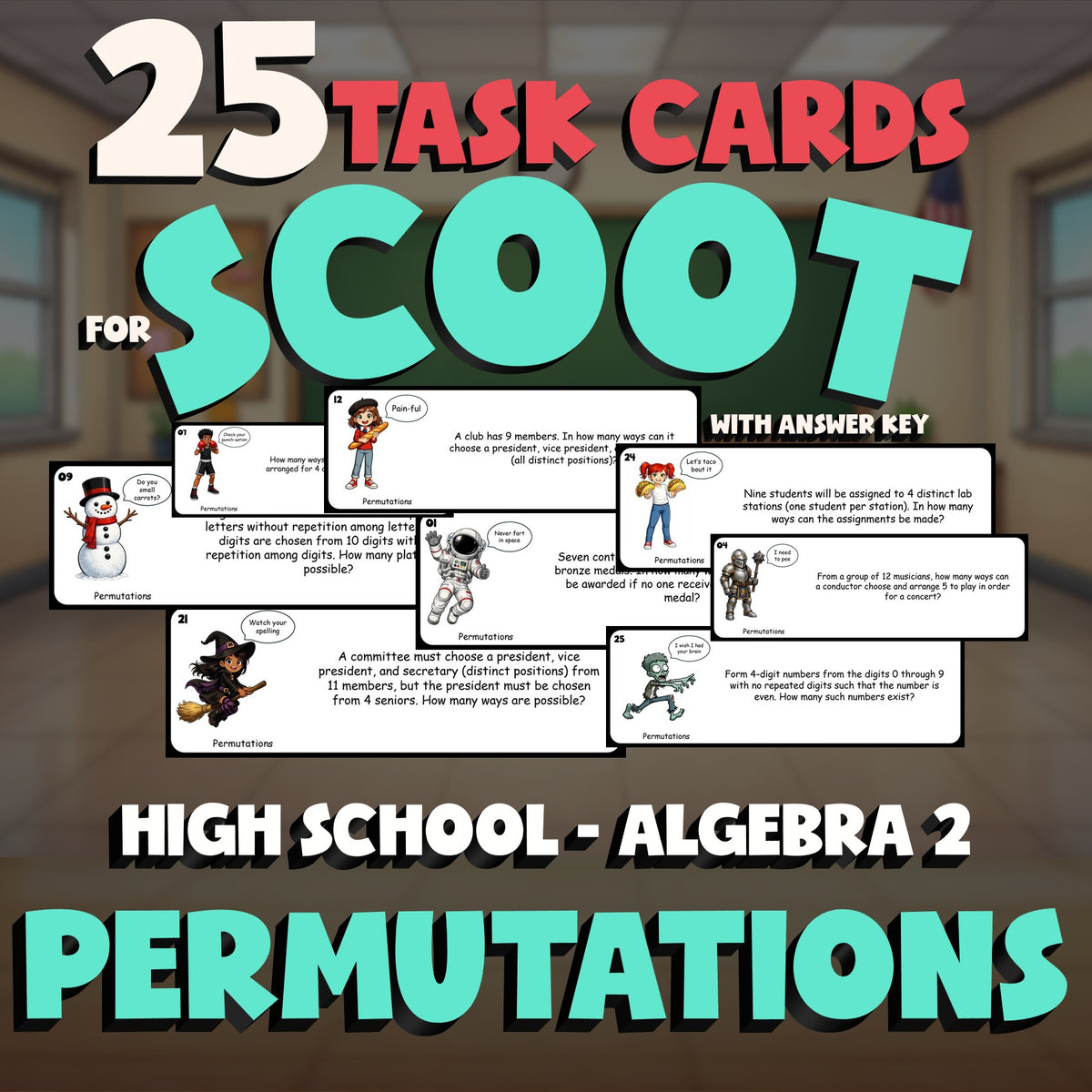 Permutations SCOOT TASK CARDS Math Game - No Prep Algebra 2 Review Activity