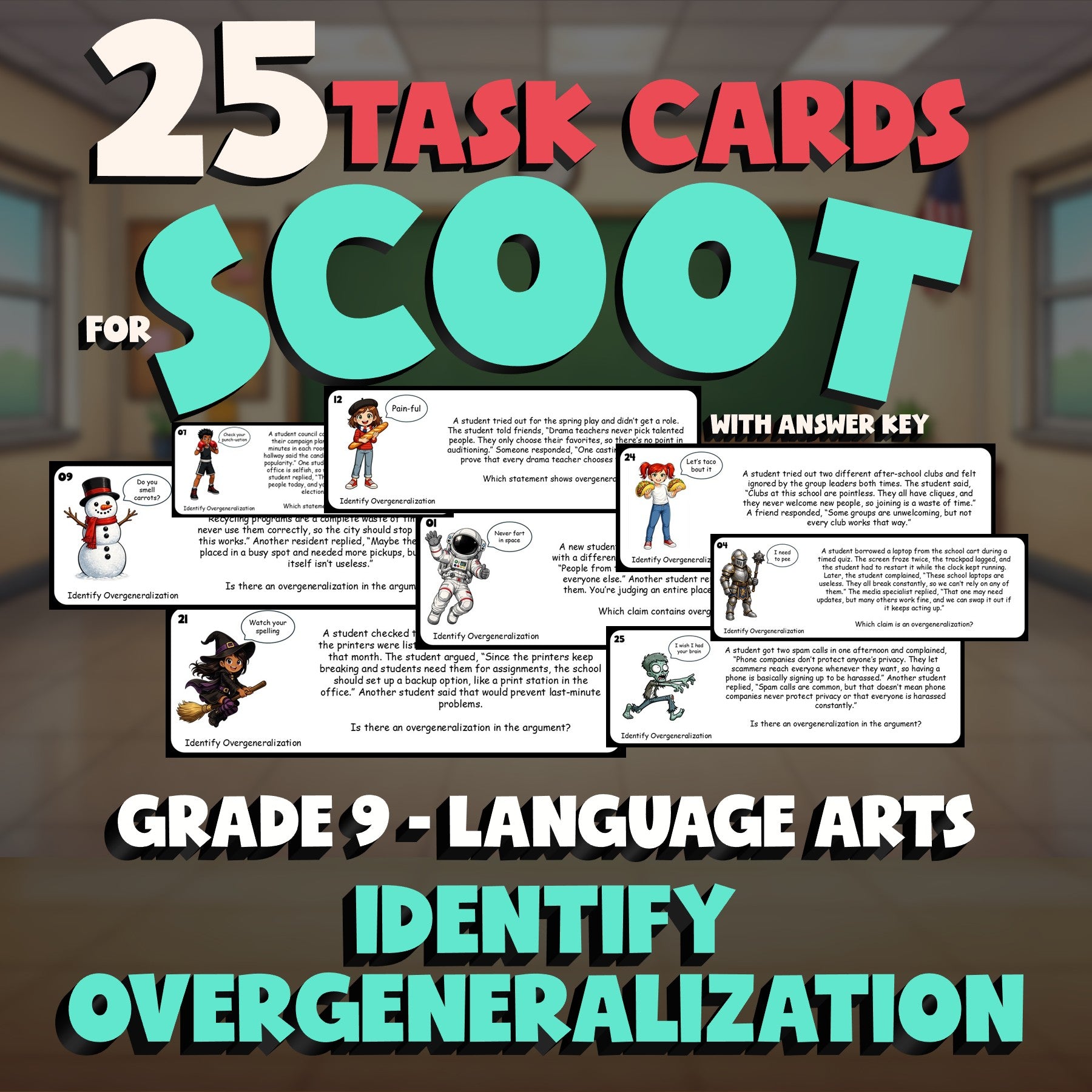 Identify Overgeneralization SCOOT TASK CARDS ELA Game - No Prep Grade 9 Review