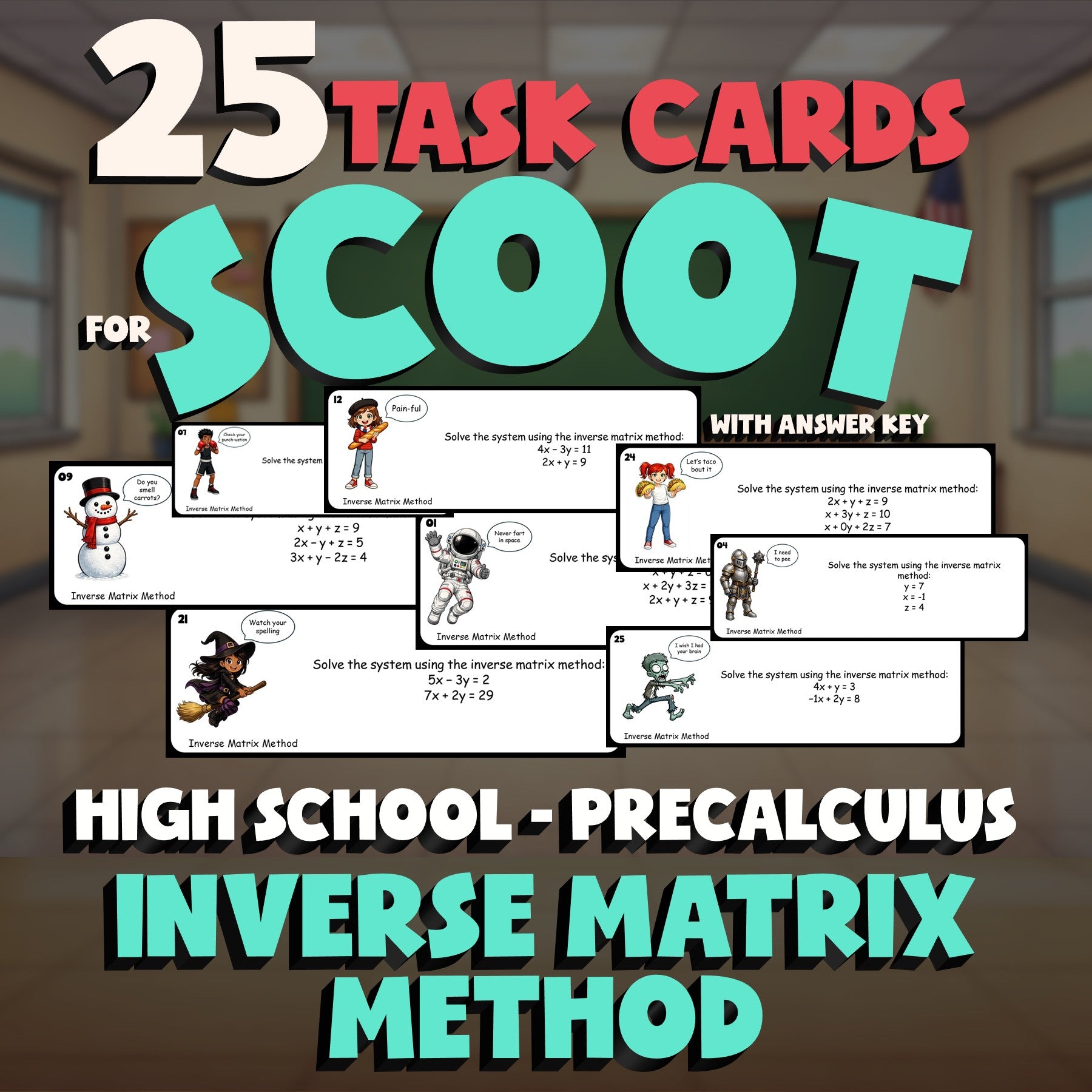 Inverse Matrix Method SCOOT TASK CARDS Math Game - No Prep PreCalculus Review