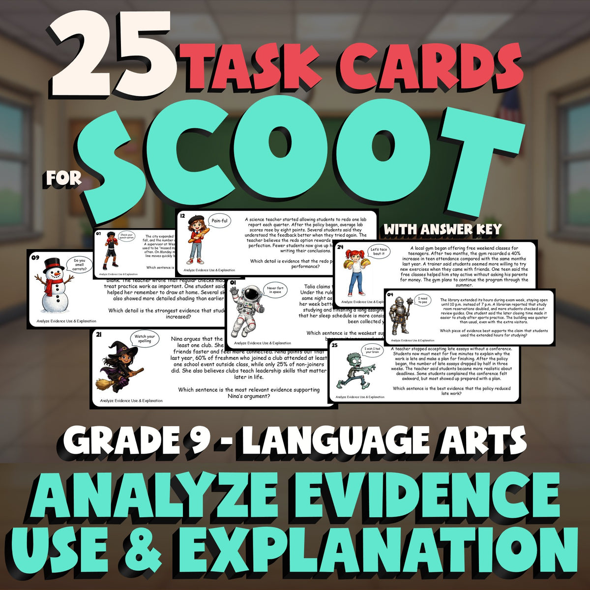 Analyze Evidence Use & Explanation SCOOT TASK CARDS ELA Game - No Prep Grade 9