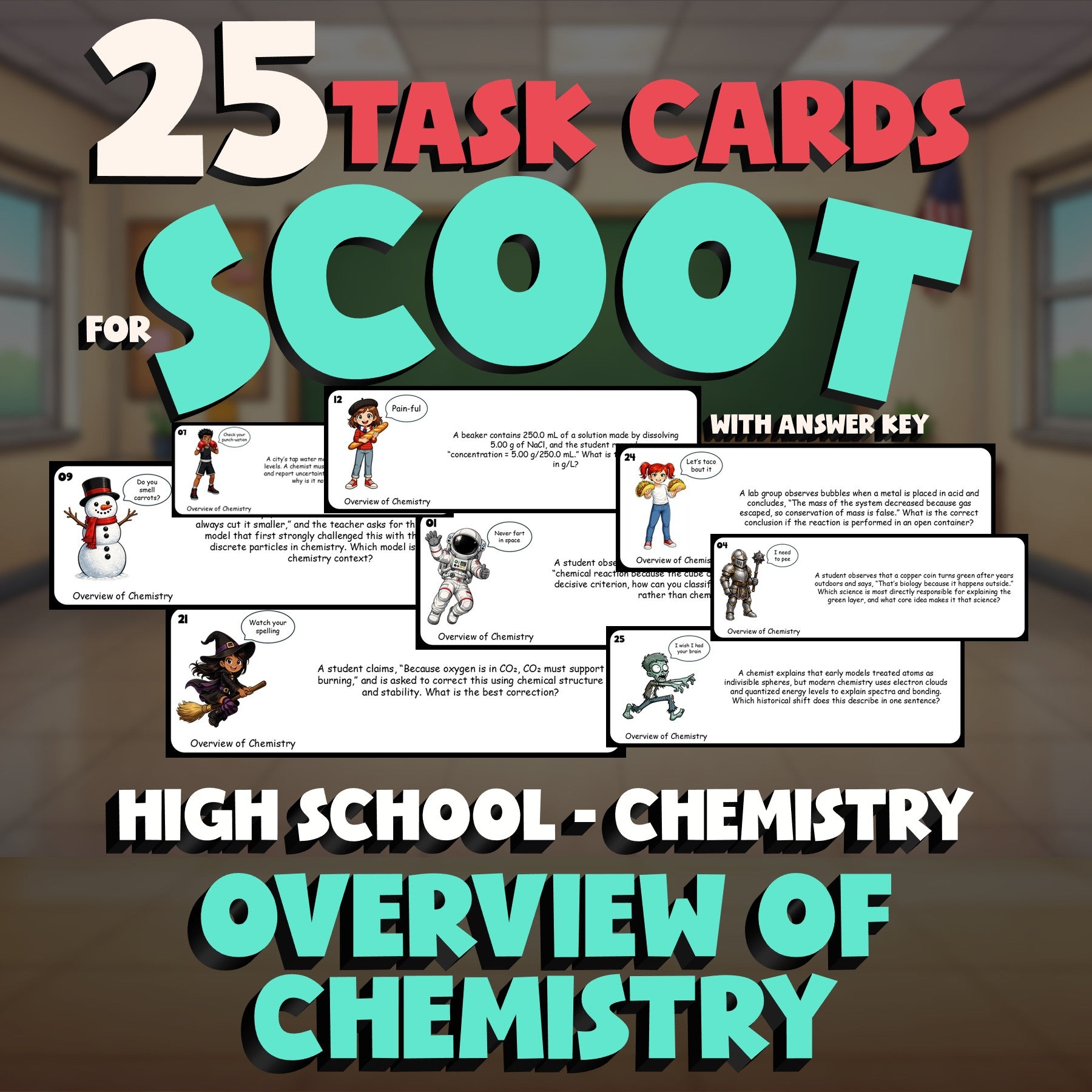 Overview of Chemistry SCOOT TASK CARDS Science Game - No Prep Chemistry Review