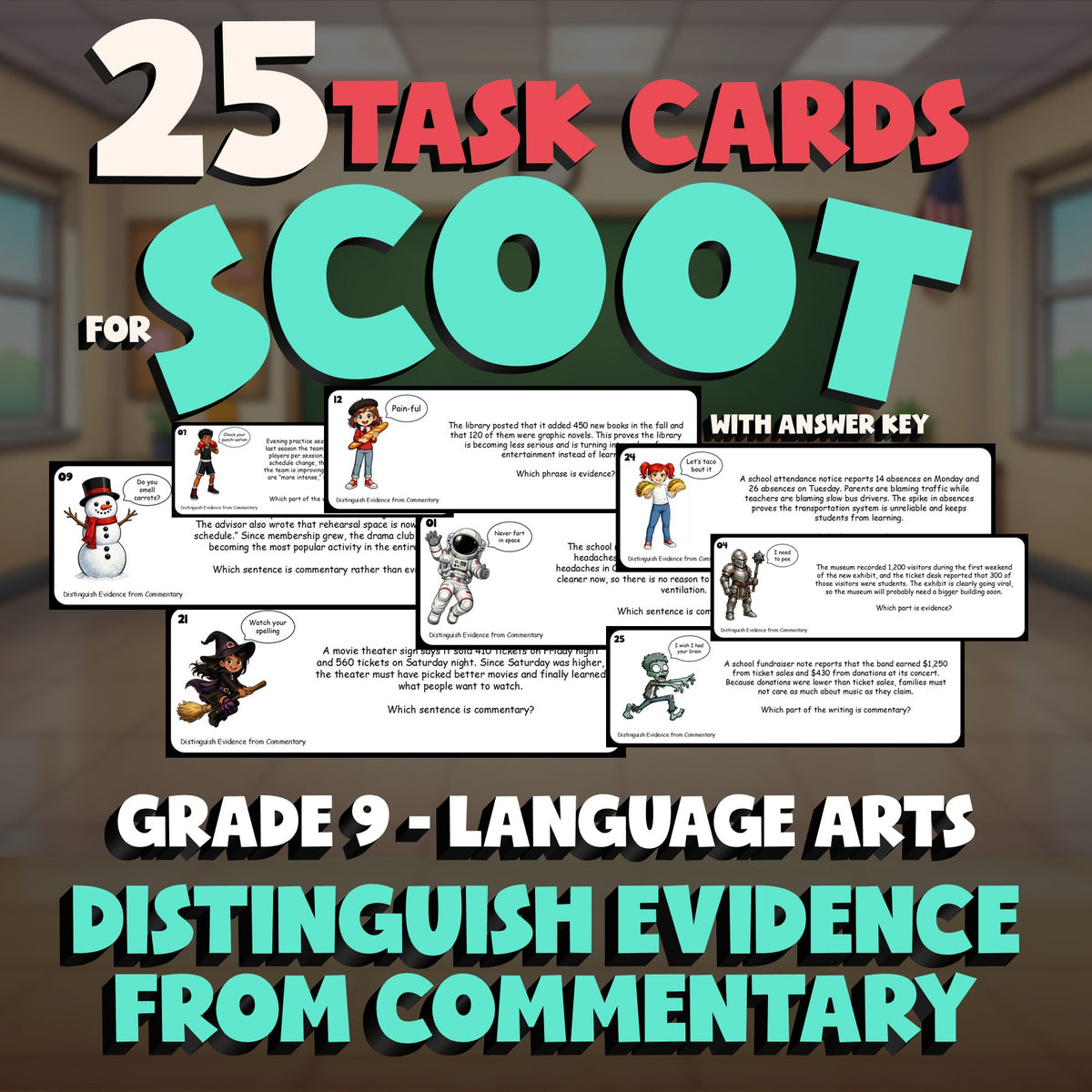 Distinguish Evidence from Commentary SCOOT TASK CARDS ELA Game - No Prep Grade 9