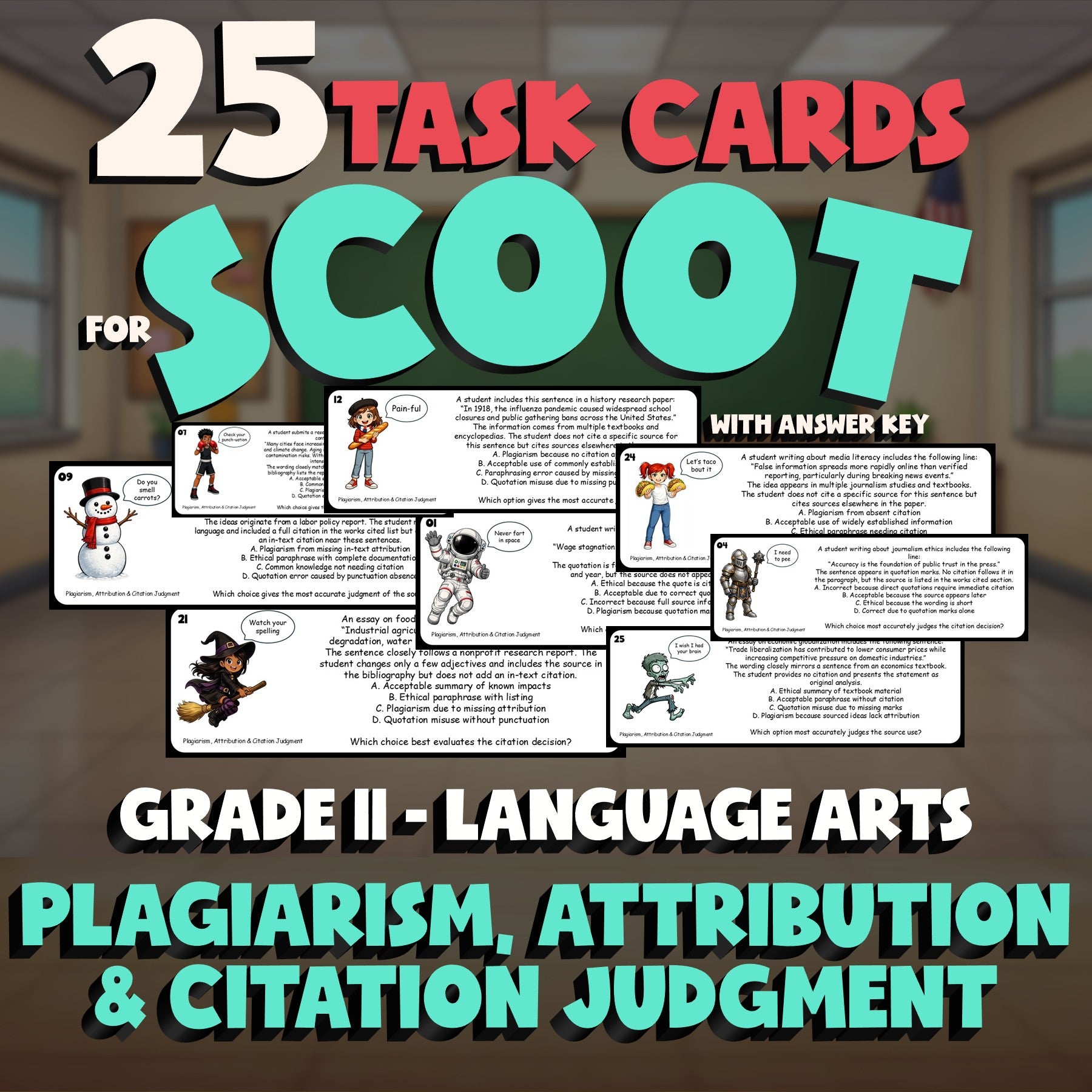 Plagiarism, Attribution & Citation Judgment SCOOT TASK CARDS ELA Game - Grade 11