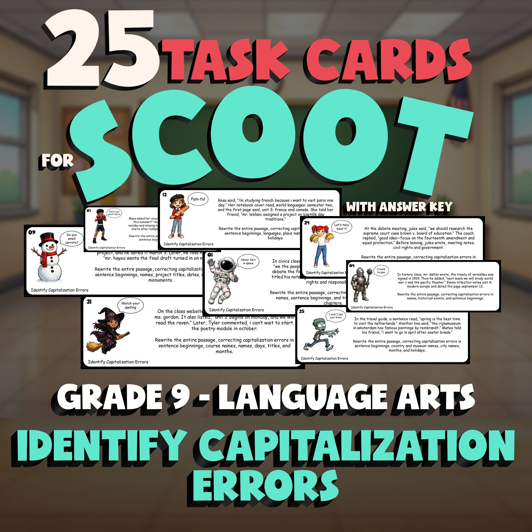 Identify Capitalization Errors SCOOT TASK CARDS ELA Game - No Prep Grade 9