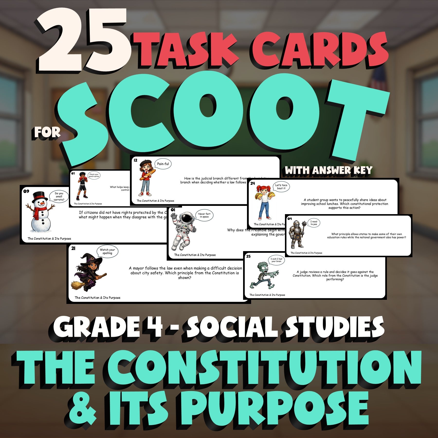 The Constitution & Its Purpose SCOOT TASK CARDS Socials Game - No Prep Grade 4