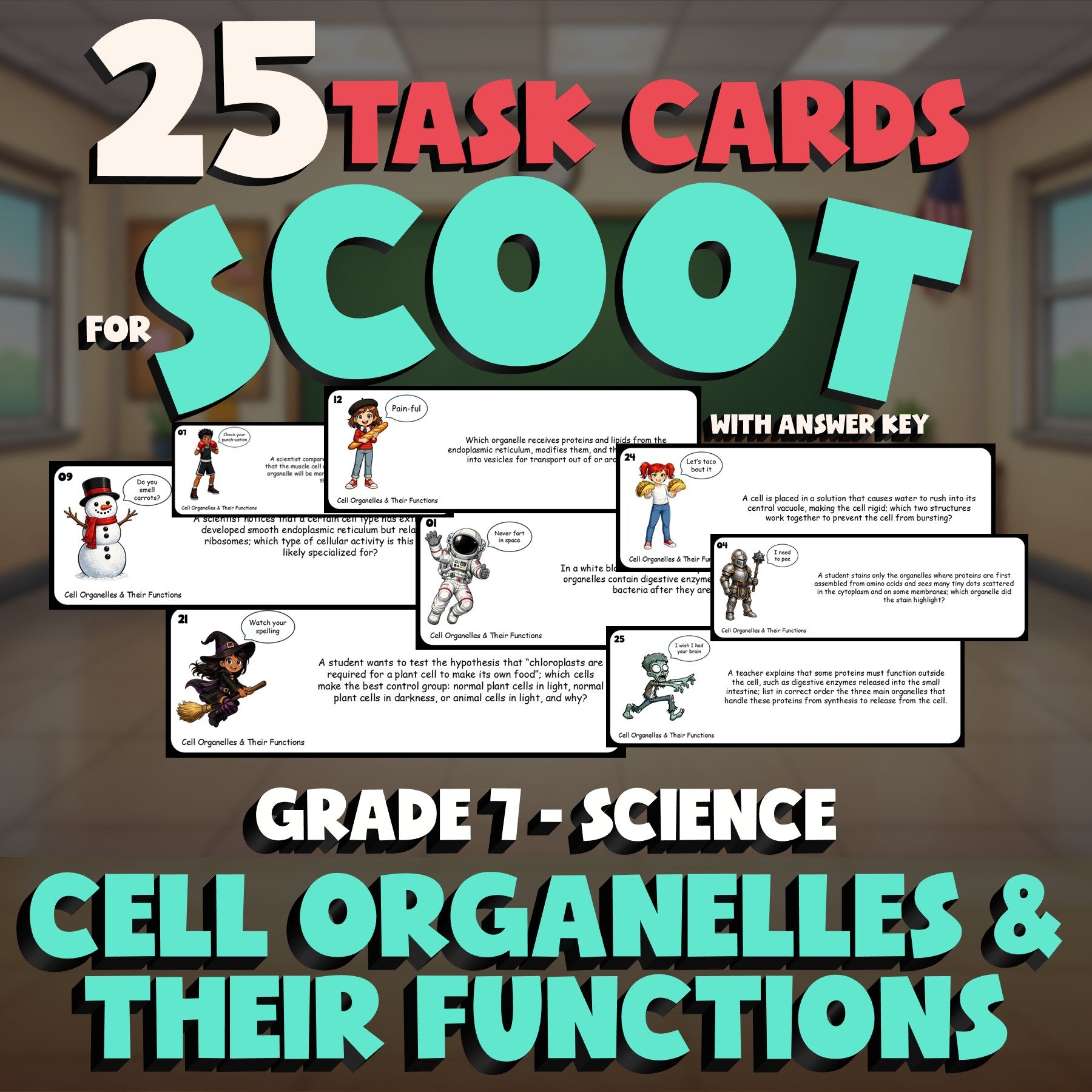 Cell Organelles & Their Functions SCOOT TASK CARDS Science Game - Grade 7
