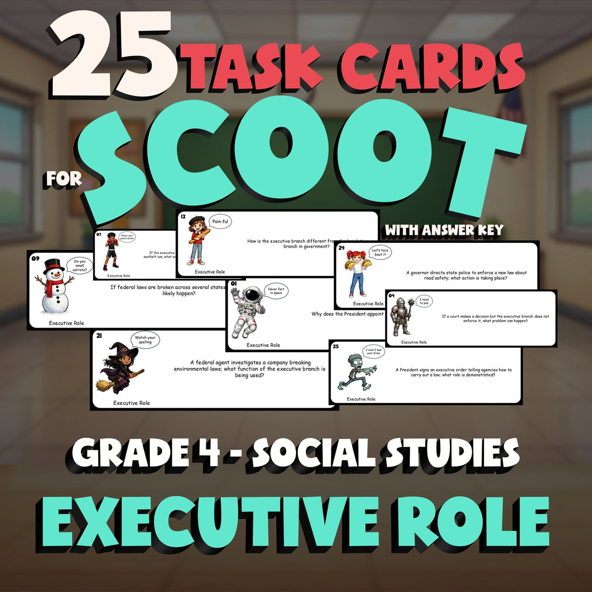 Executive Role SCOOT TASK CARDS Socials Game - No Prep Grade 4 Review Activity