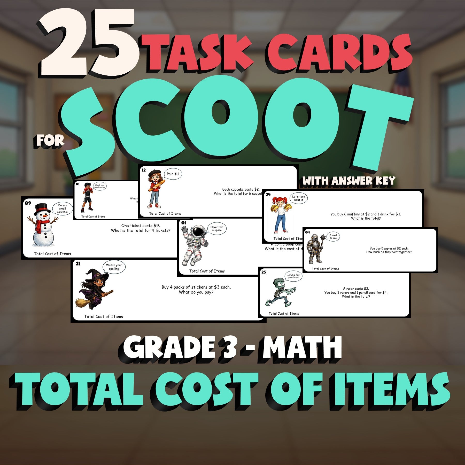 Total Cost of Items SCOOT TASK CARDS Math Game - No Prep Grade 3 Review Activity