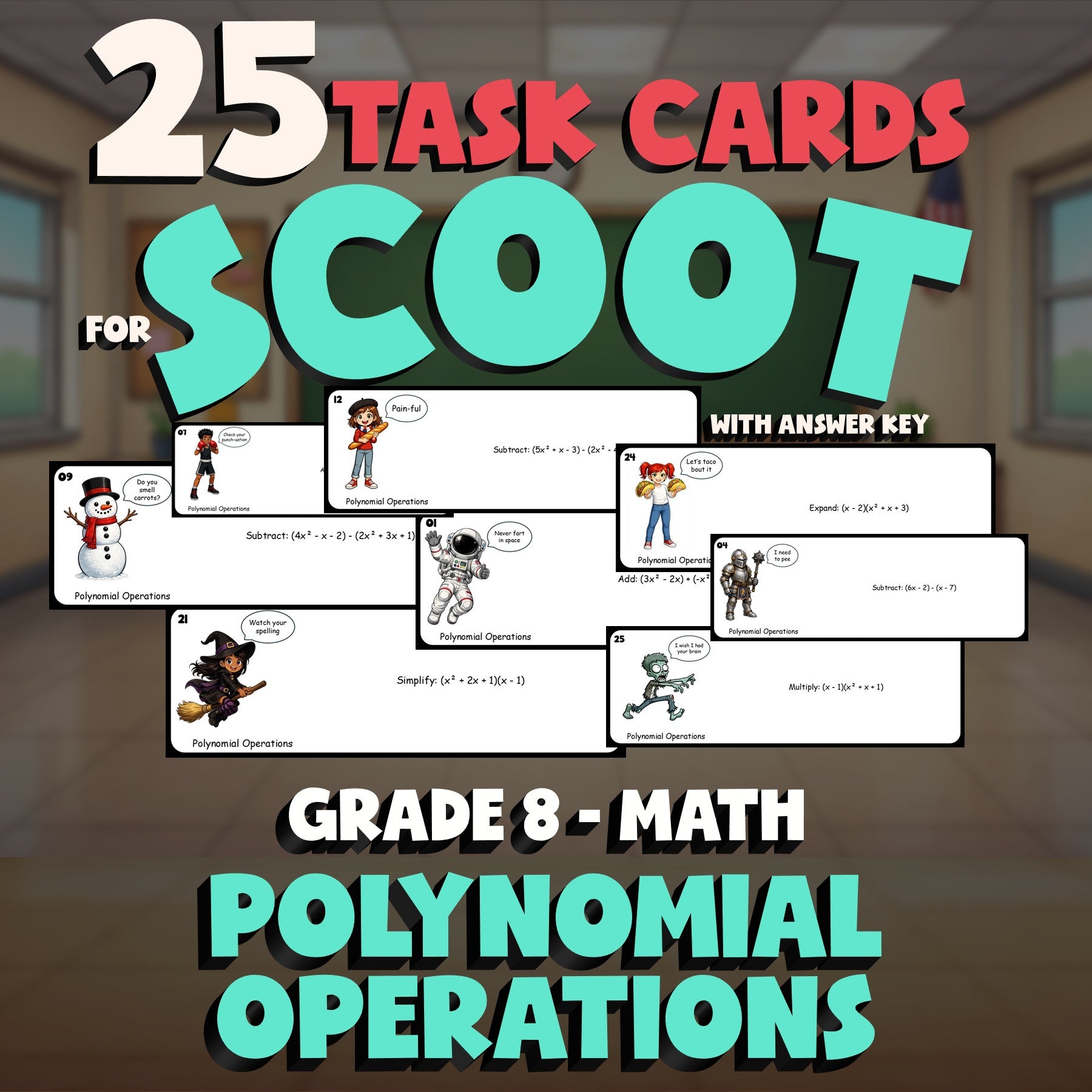 Polynomial Operations SCOOT TASK CARDS Math Game - No Prep Grade 8 Review