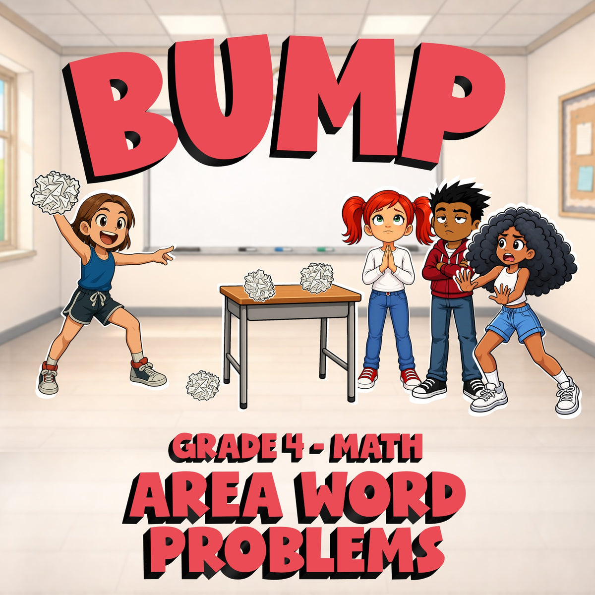 Area Word Problems BUMP Math Game - No Prep Grade 4 Review Activity