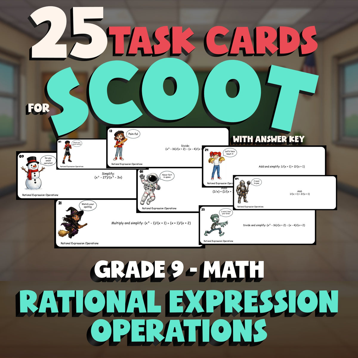 Rational Expression Operations SCOOT TASK CARDS Math Game - No Prep Grade 9