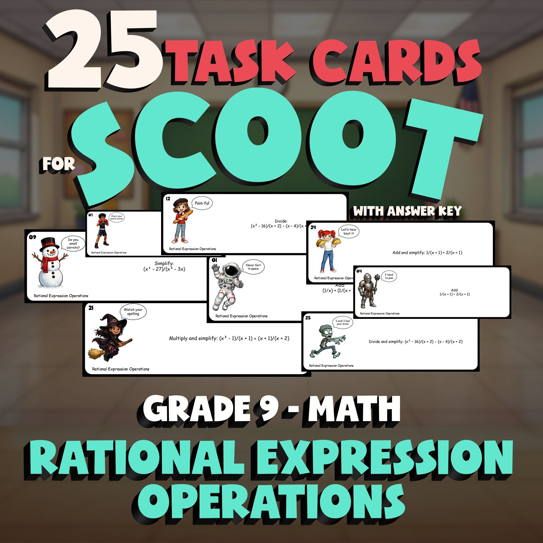 Rational Expression Operations SCOOT TASK CARDS Math Game - No Prep Grade 9