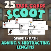 Adding & Subtracting Lengths SCOOT TASK CARDS Math Game - No Prep Grade 3 Review
