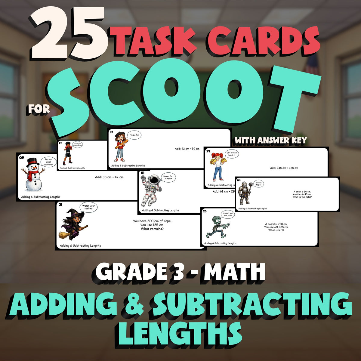 Adding & Subtracting Lengths SCOOT TASK CARDS Math Game - No Prep Grade 3 Review