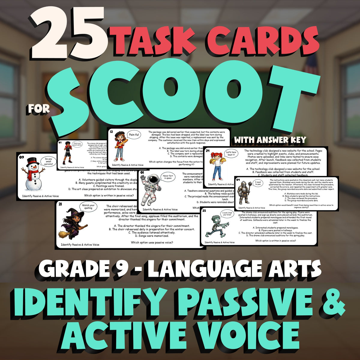 Identify Passive & Active Voice SCOOT TASK CARDS ELA Game - No Prep Grade 9