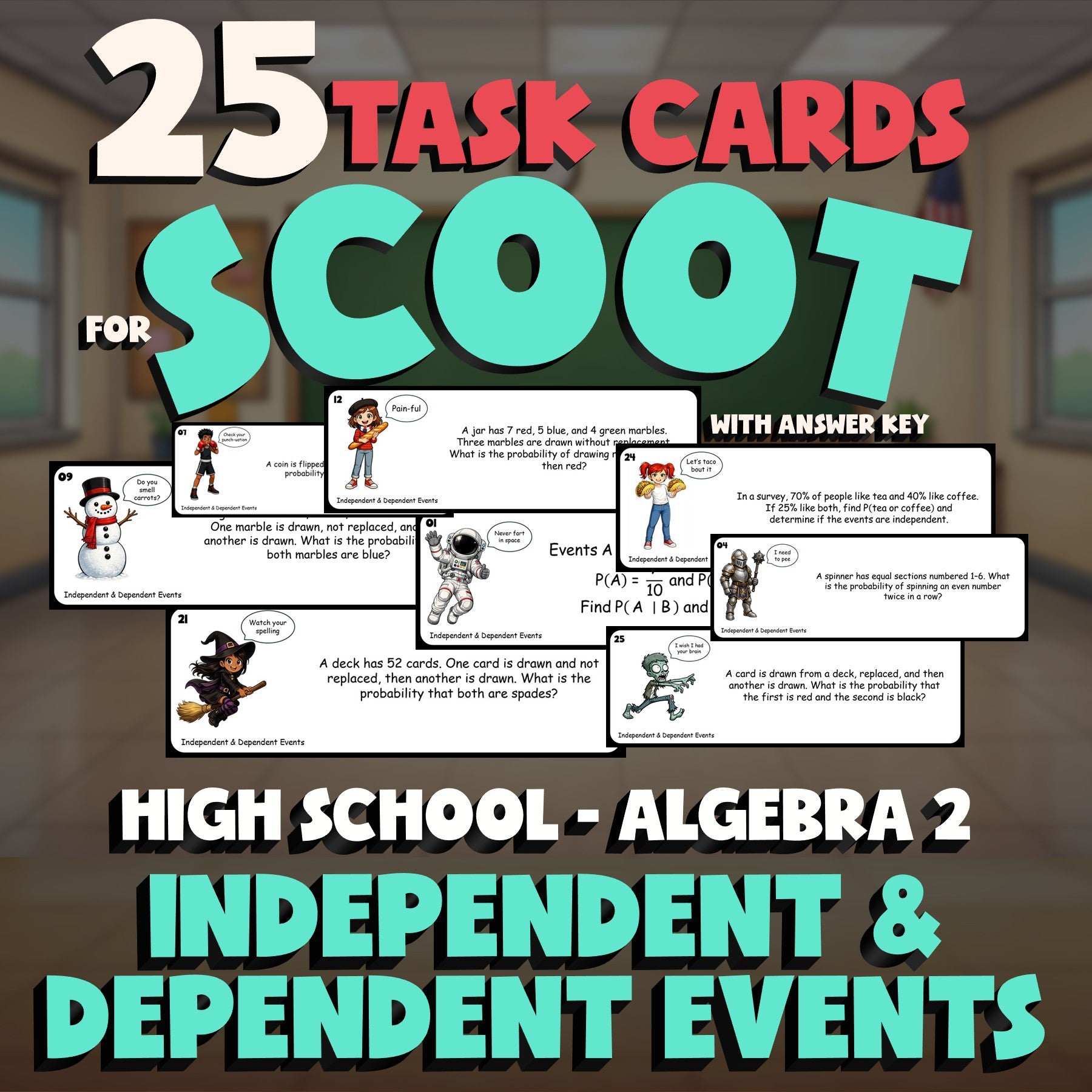 Independent & Dependent Events SCOOT TASK CARDS Math Game - No Prep Algebra 2