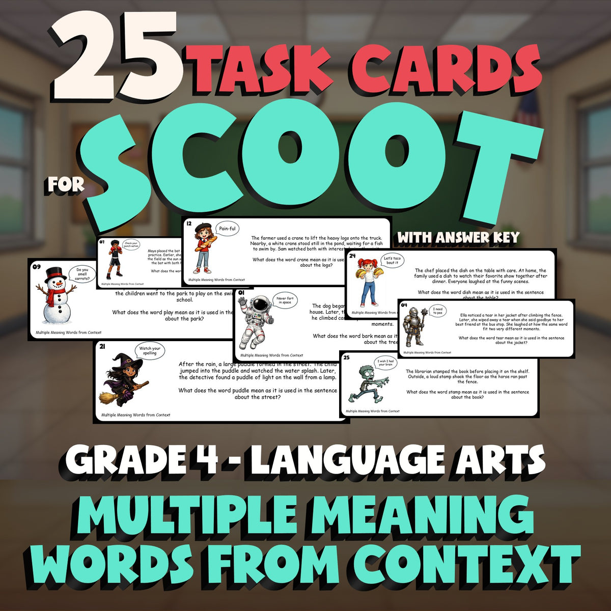 Multiple Meaning Words from Context SCOOT TASK CARDS ELA Game - No Prep Grade 4