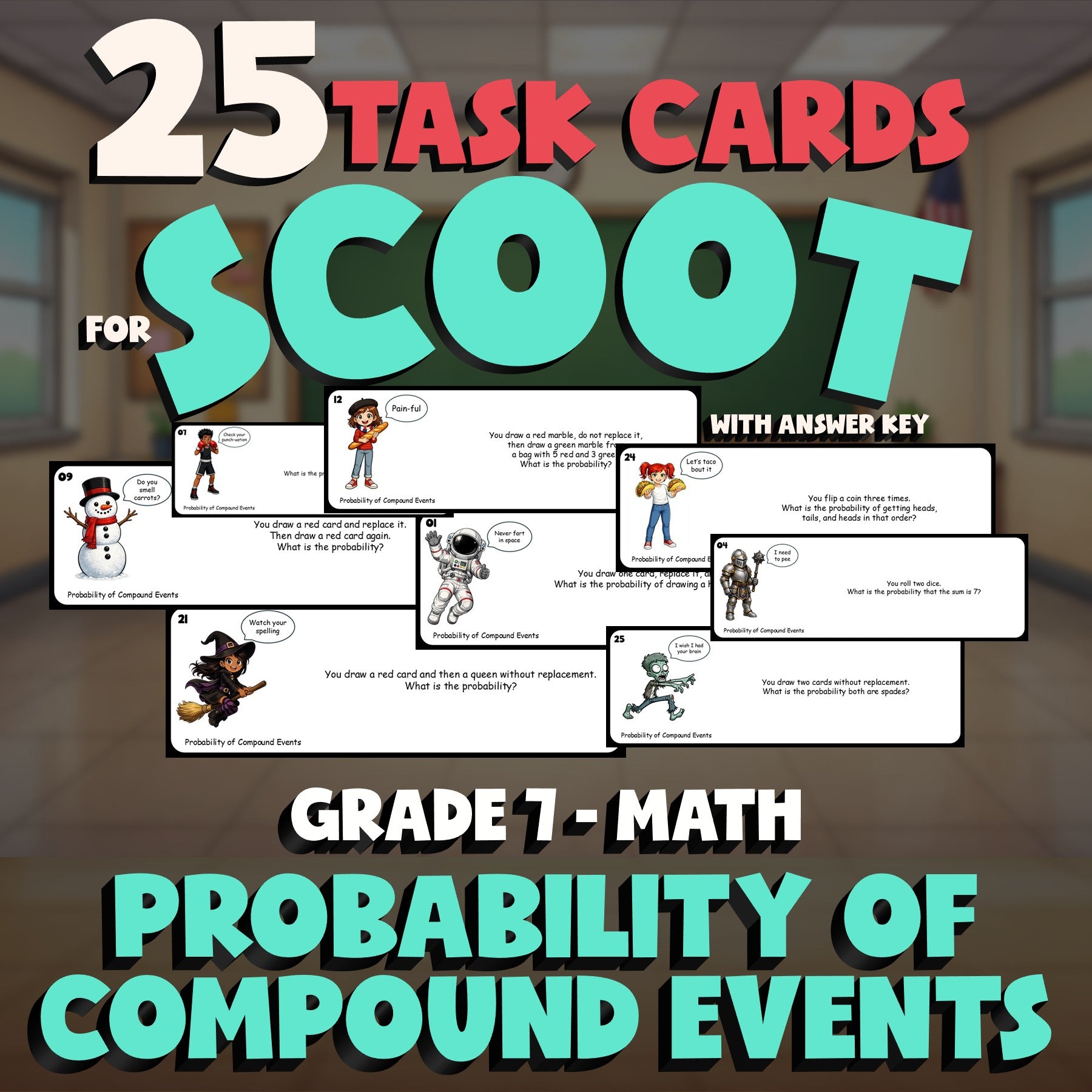Probability of Compound Events SCOOT TASK CARDS Math Game - No Prep Grade 7