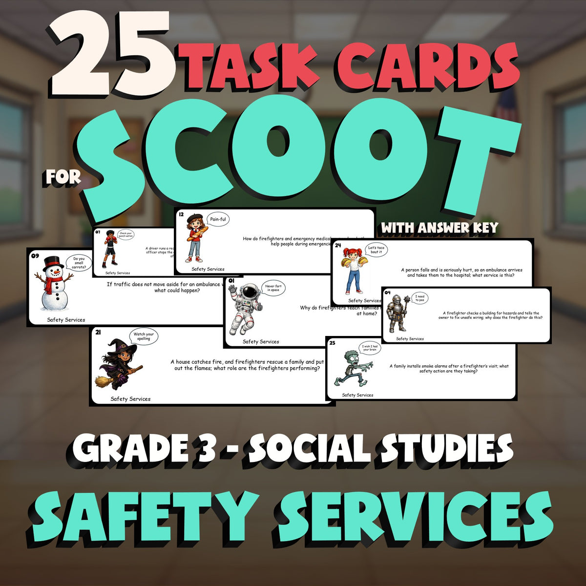 Safety Services SCOOT TASK CARDS Socials Game - No Prep Grade 3 Review Activity