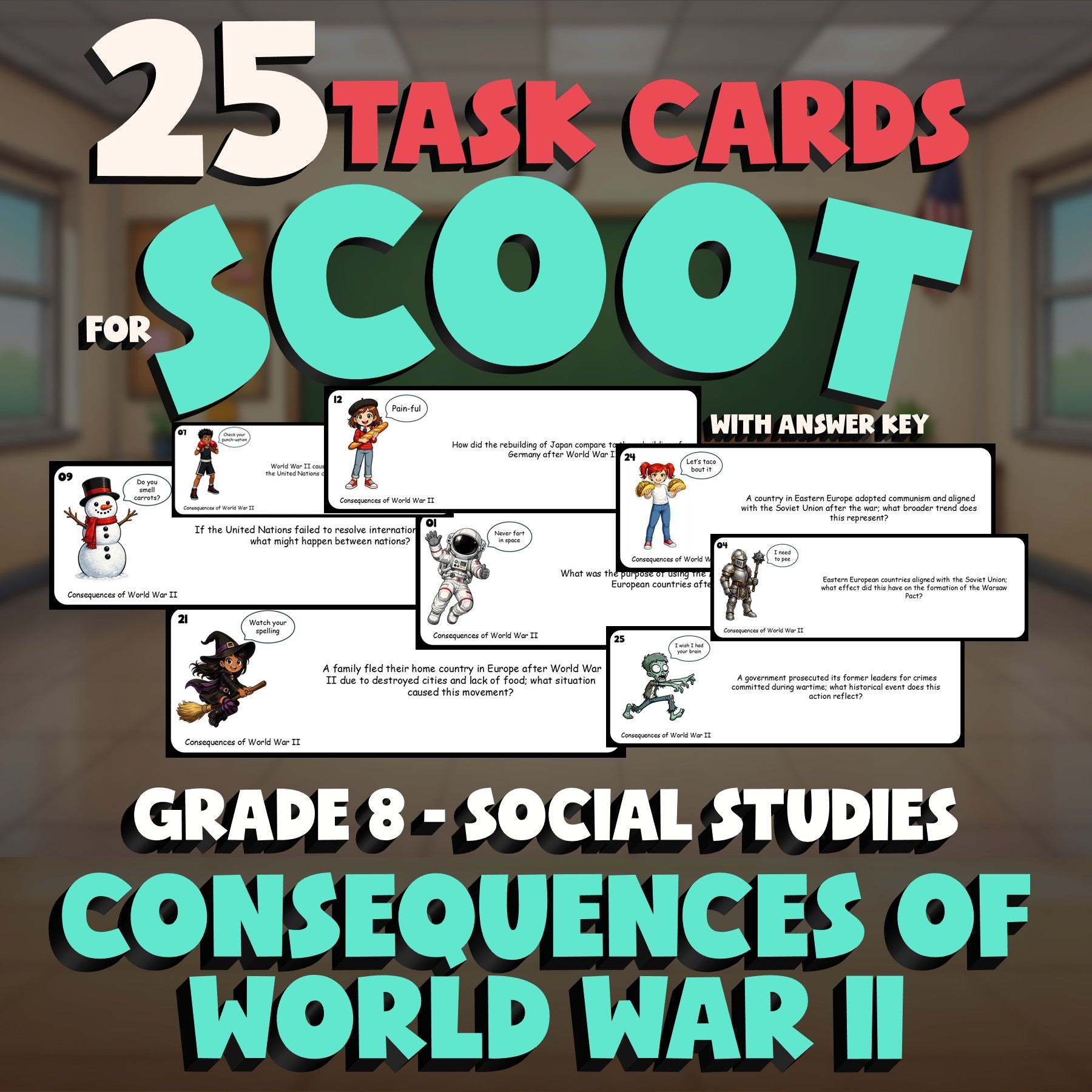 Consequences of World War II SCOOT TASK CARDS Socials Game - No Prep Grade 8