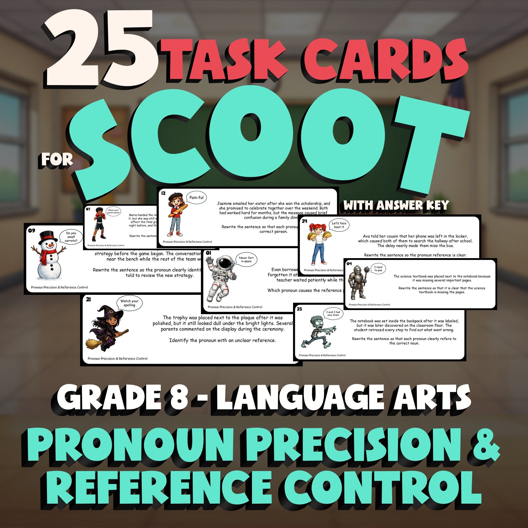 Pronoun Precision & Reference Control SCOOT TASK CARDS ELA Game - Grade 8