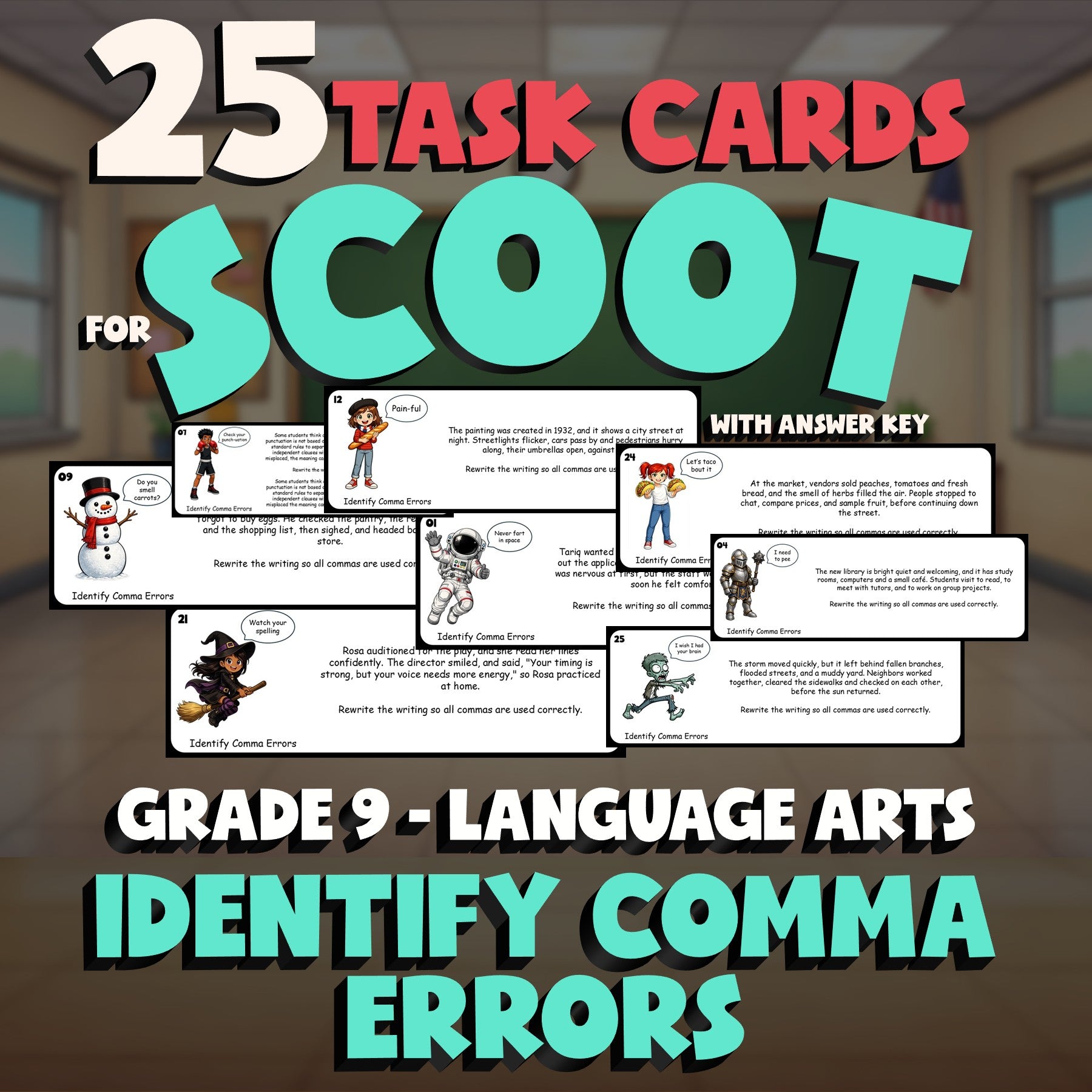 Identify Comma Errors SCOOT TASK CARDS ELA Game - No Prep Grade 9 Review