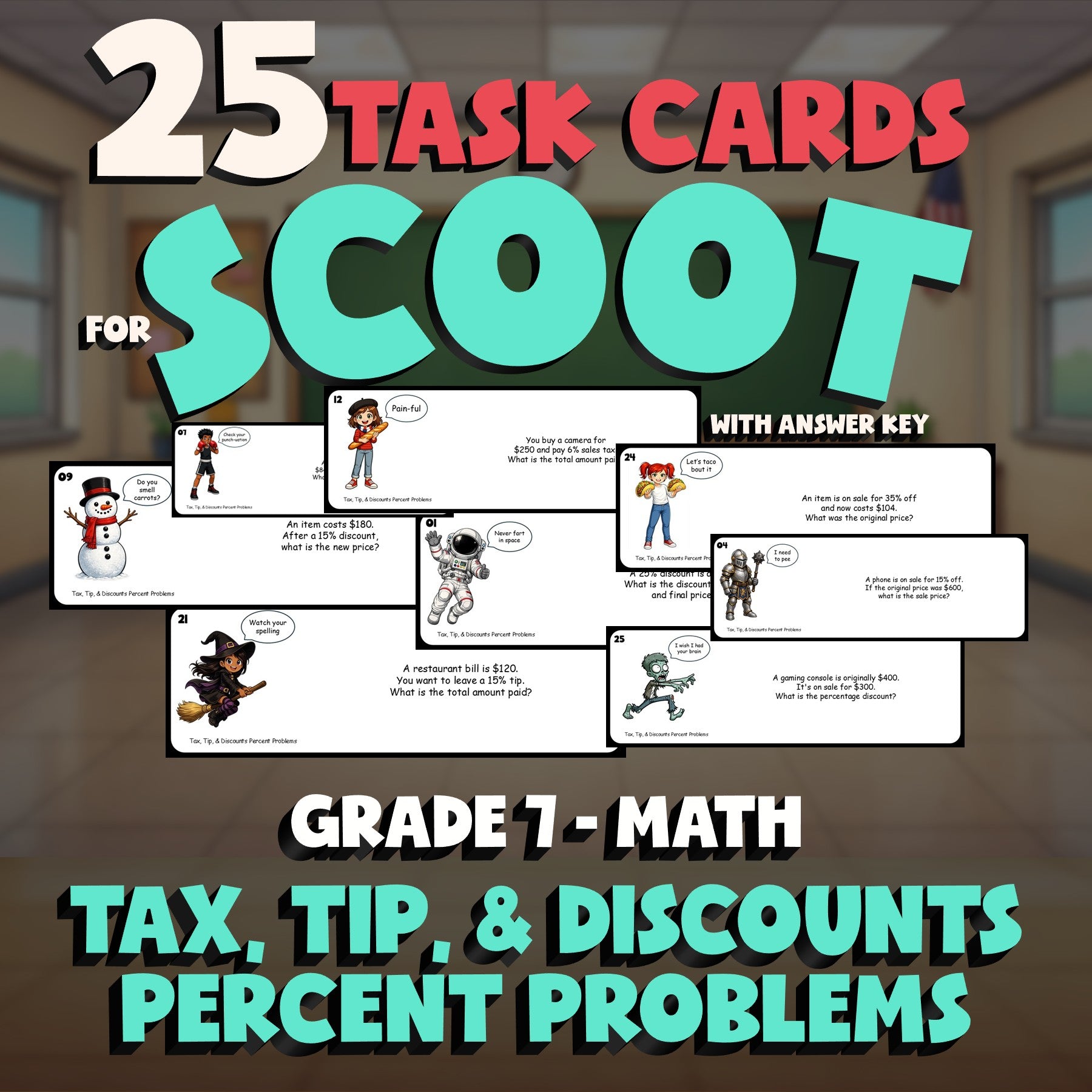 Tax, Tip, & Discounts Percent Problems SCOOT TASK CARDS Math Game - Grade 7