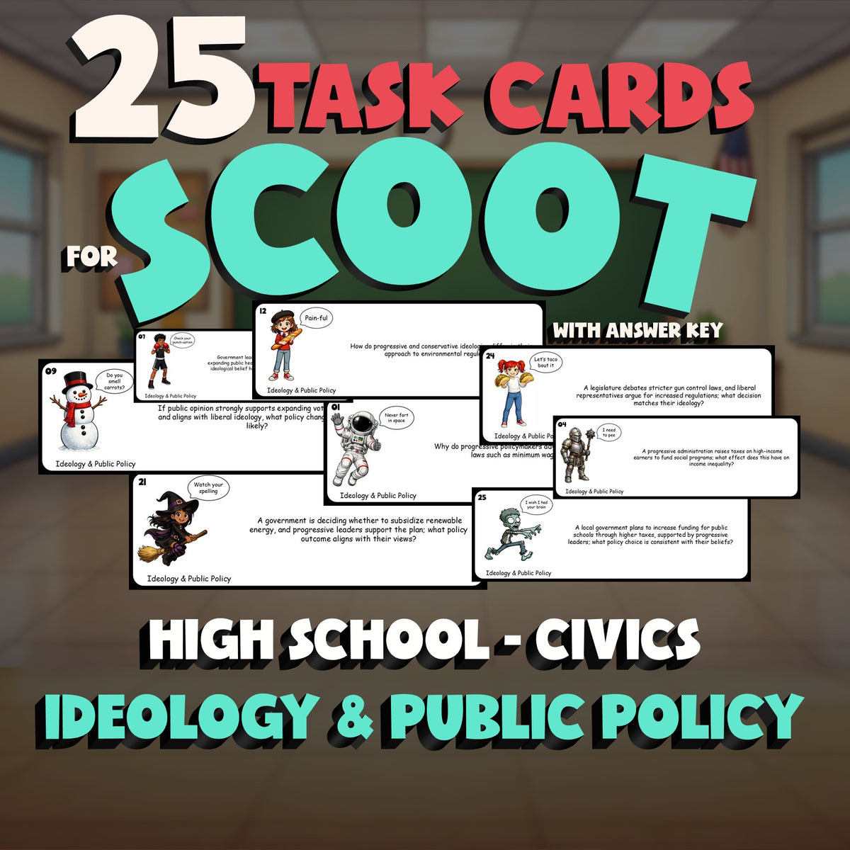 Ideology & Public Policy SCOOT TASK CARDS Civics Game - No Prep Review Activity