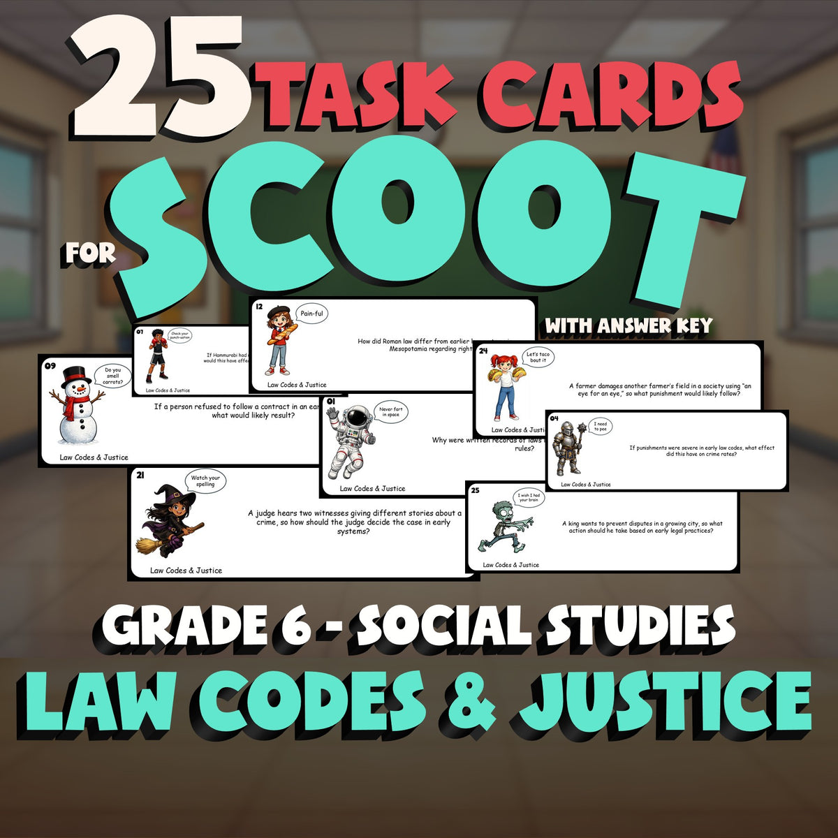 Law Codes & Justice SCOOT TASK CARDS Socials Game - No Prep Grade 6 Review