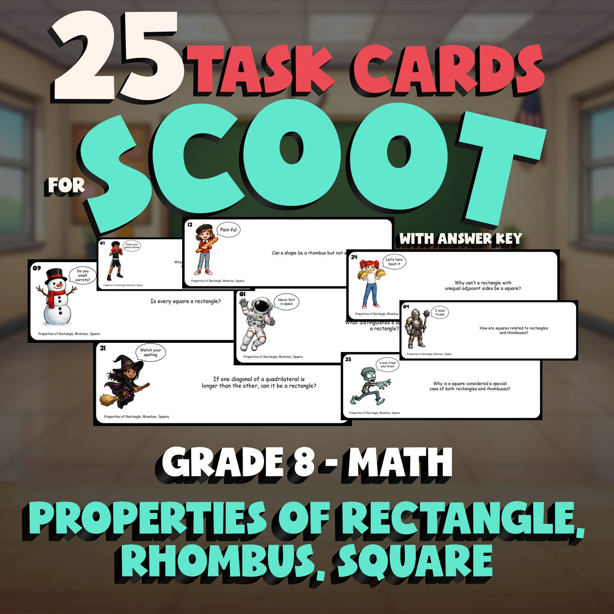 Properties of Rectangle, Rhombus, Square SCOOT TASK CARDS Math Game - Grade 8