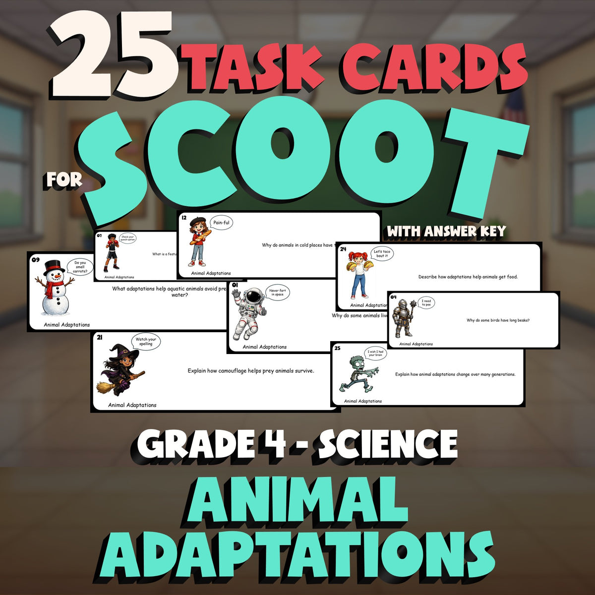 Animal Adaptations SCOOT TASK CARDS Science Game - No Prep Grade 4 Review