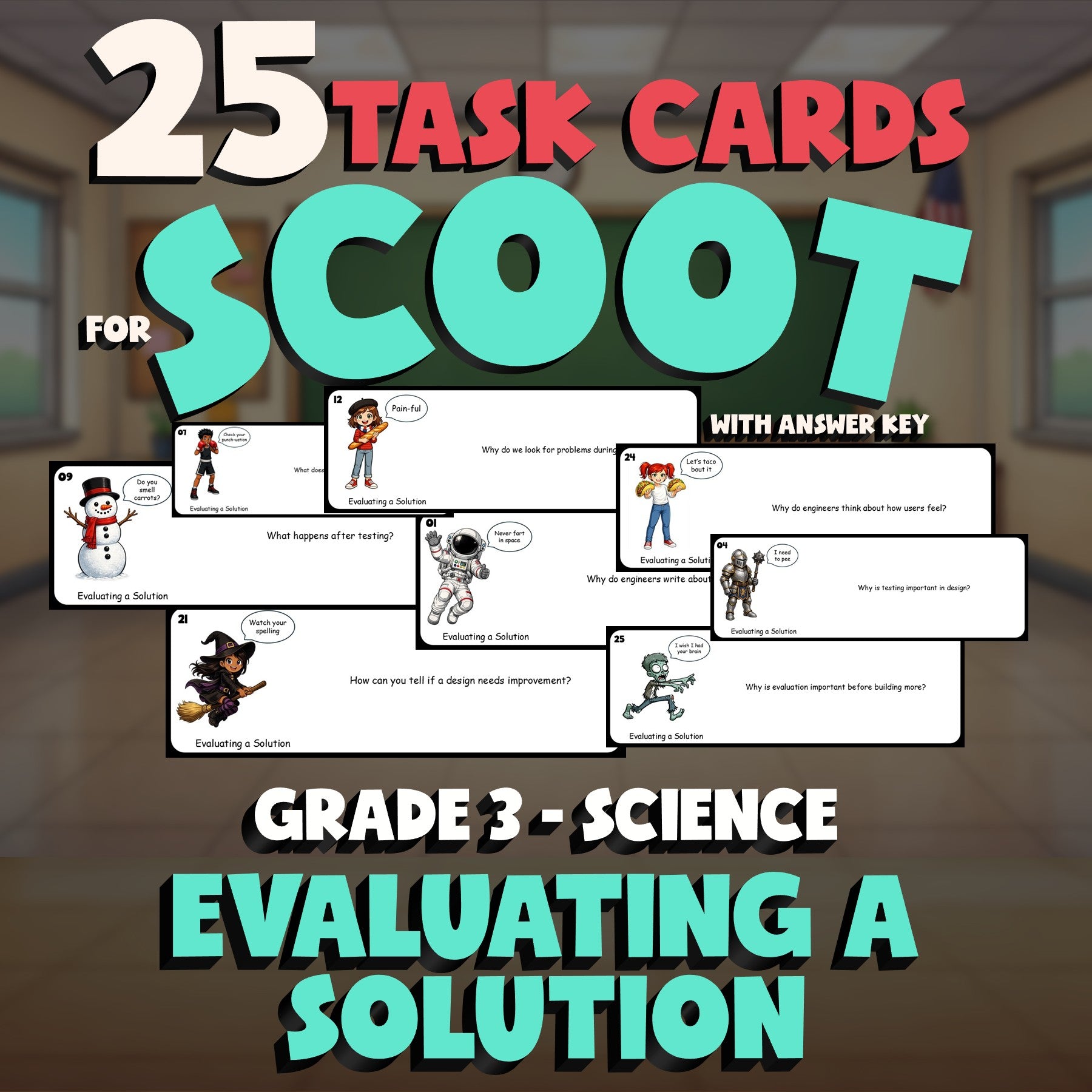 Evaluating a Solution SCOOT TASK CARDS Science Game - No Prep Grade 3 Review