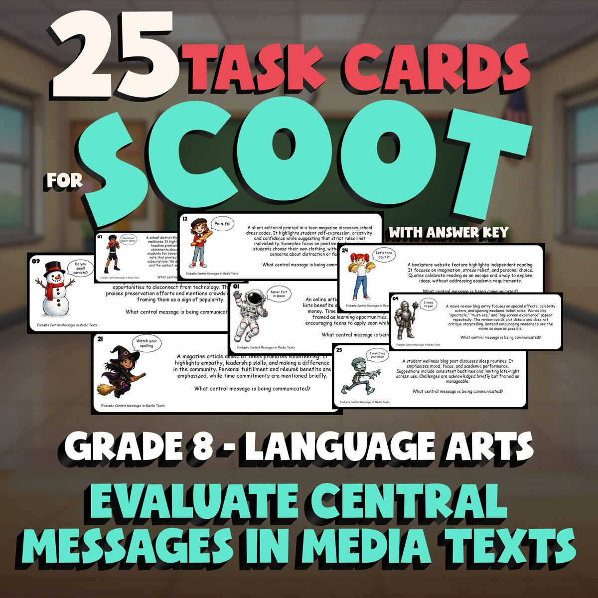 Evaluate Central Messages in Media Texts SCOOT TASK CARDS ELA Game - Grade 8