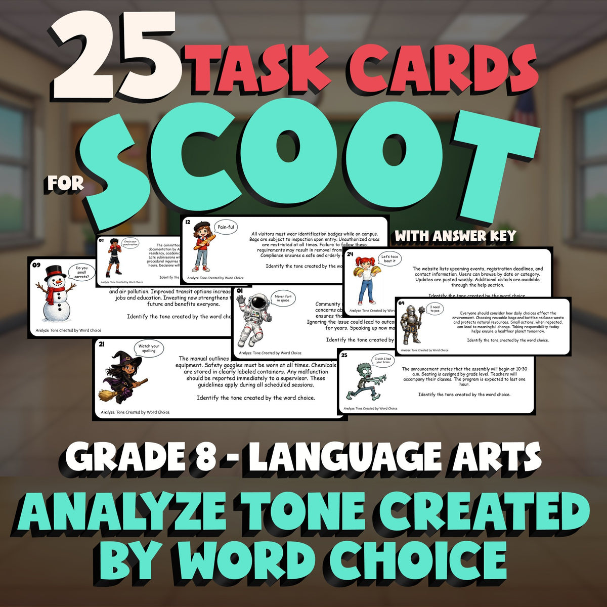 Analyze Tone Created by Word Choice SCOOT TASK CARDS ELA Game - No Prep Grade 8