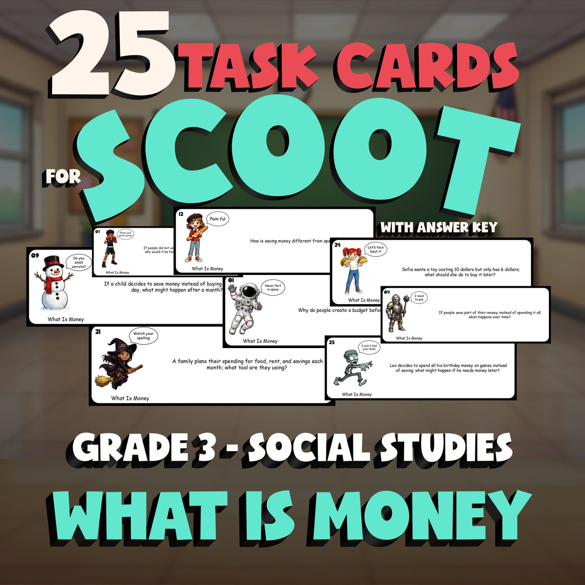What Is Money SCOOT TASK CARDS Socials Game - No Prep Grade 3 Review Activity