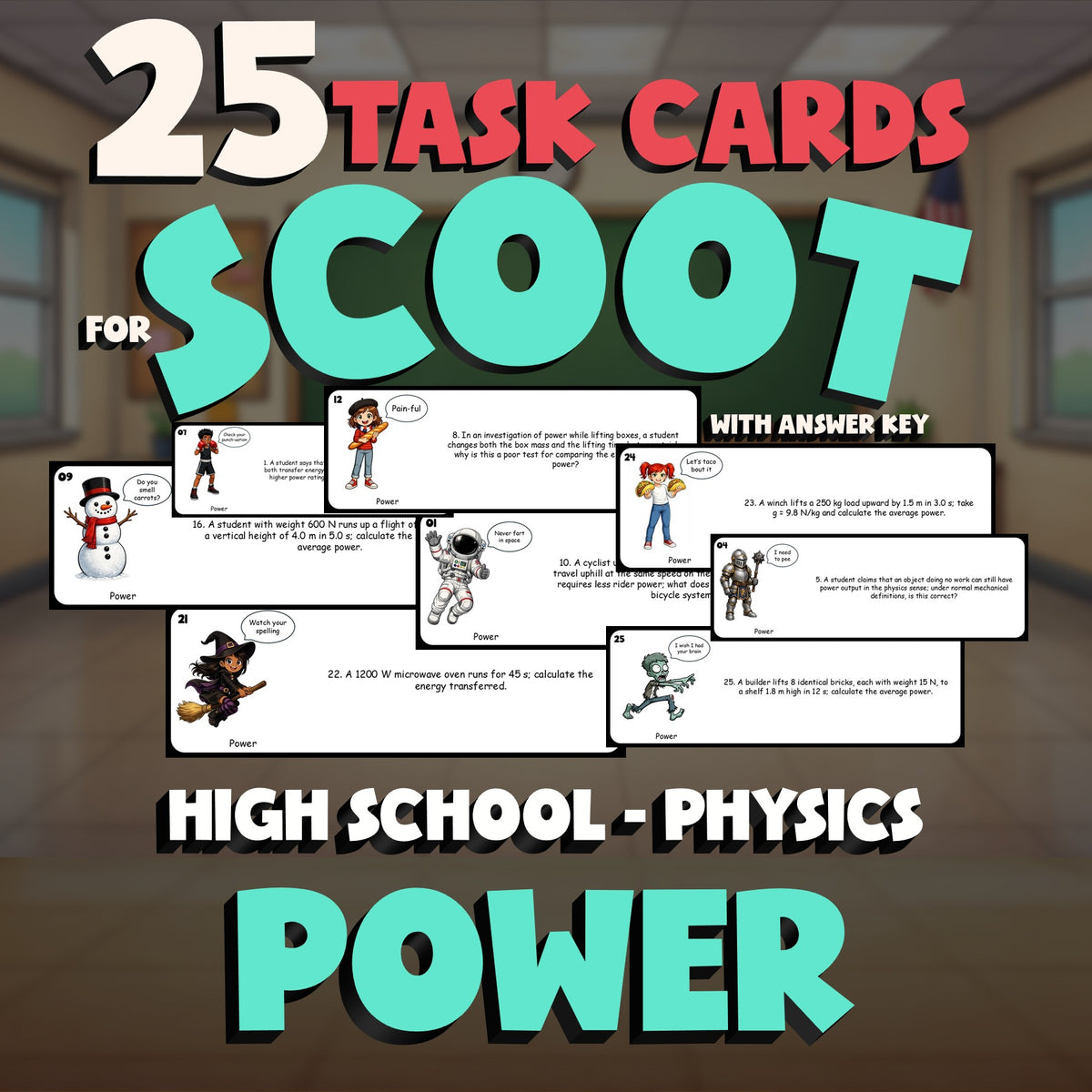 Power SCOOT TASK CARDS Science Game - No Prep Physics Review Activity