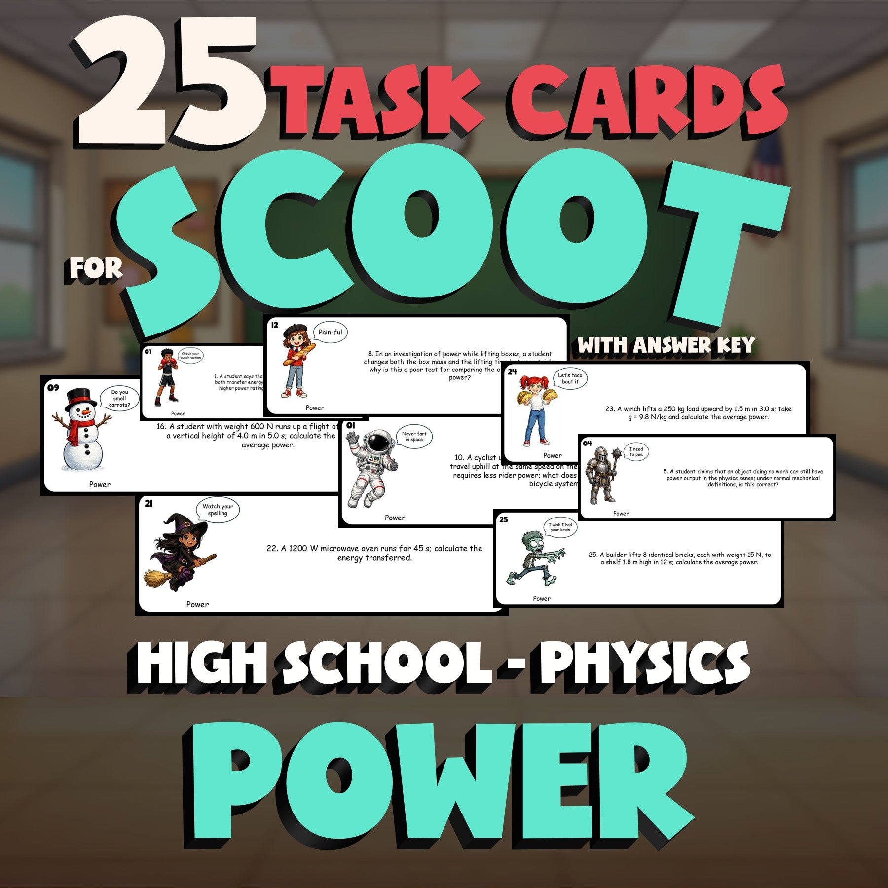 Power SCOOT TASK CARDS Science Game - No Prep Physics Review Activity