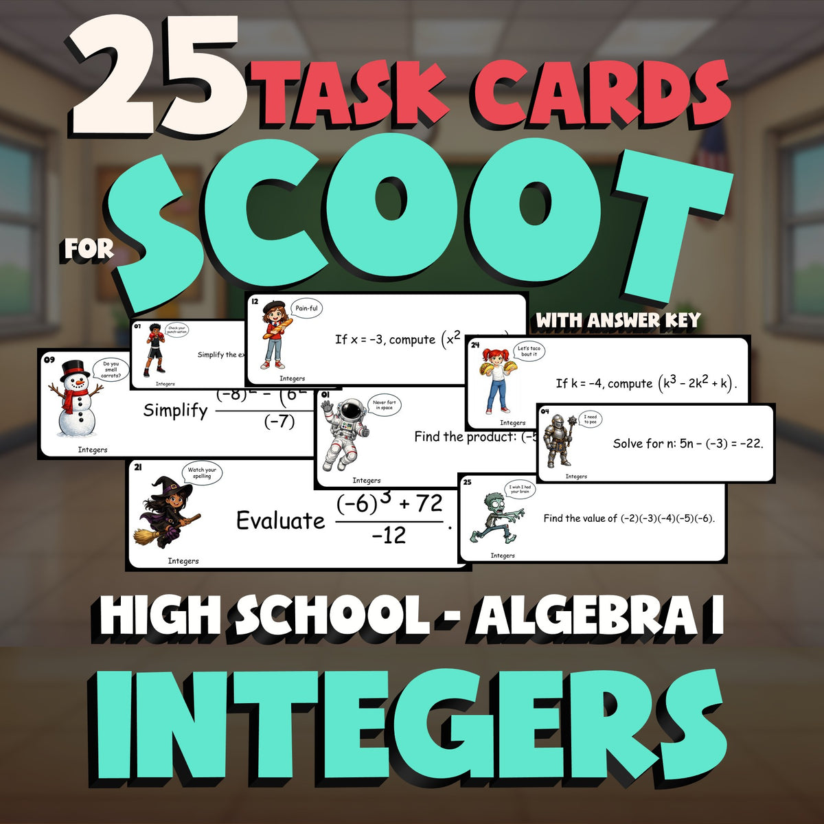 Integers SCOOT TASK CARDS Math Game - No Prep Algebra 1 Review Activity