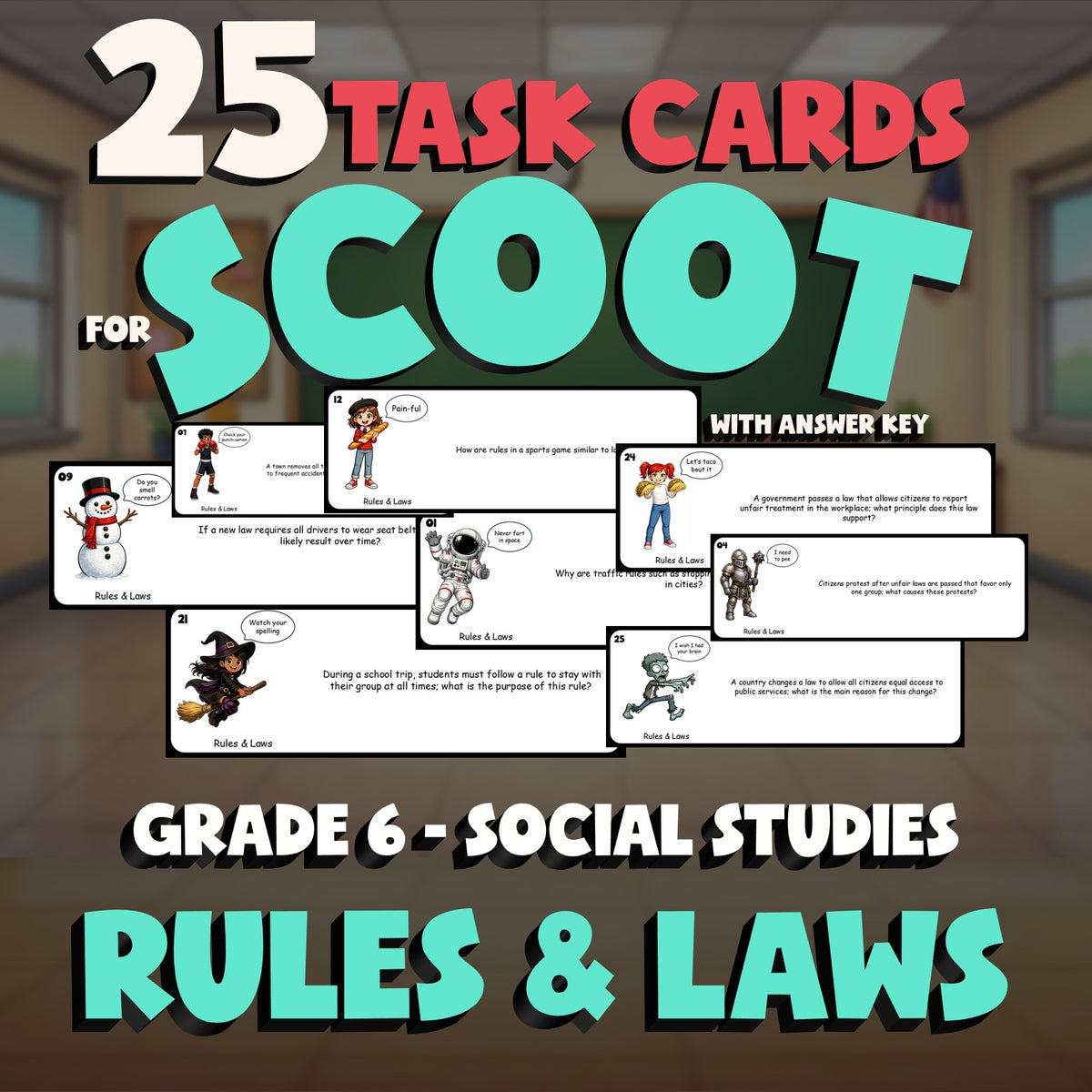 Rules & Laws SCOOT TASK CARDS Socials Game - No Prep Grade 6 Review Activity